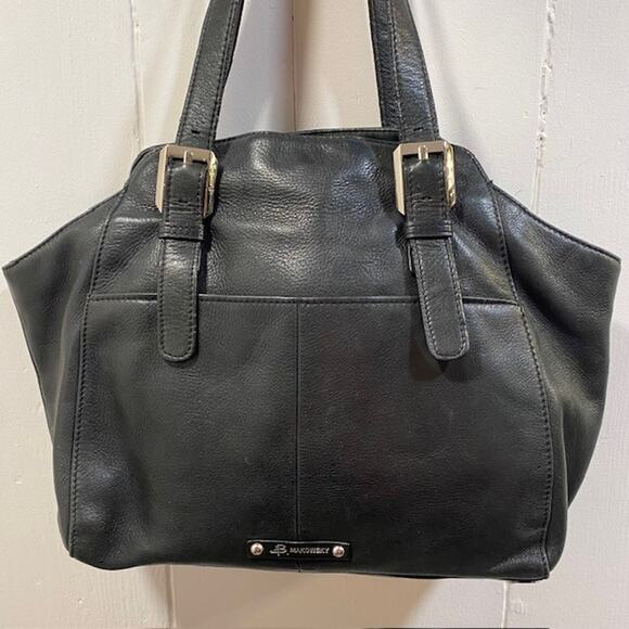 B Makowsky Soft Black Leather Silver Hardware Large Shoulder Handbag Purse Tote - Picture 1 of 12